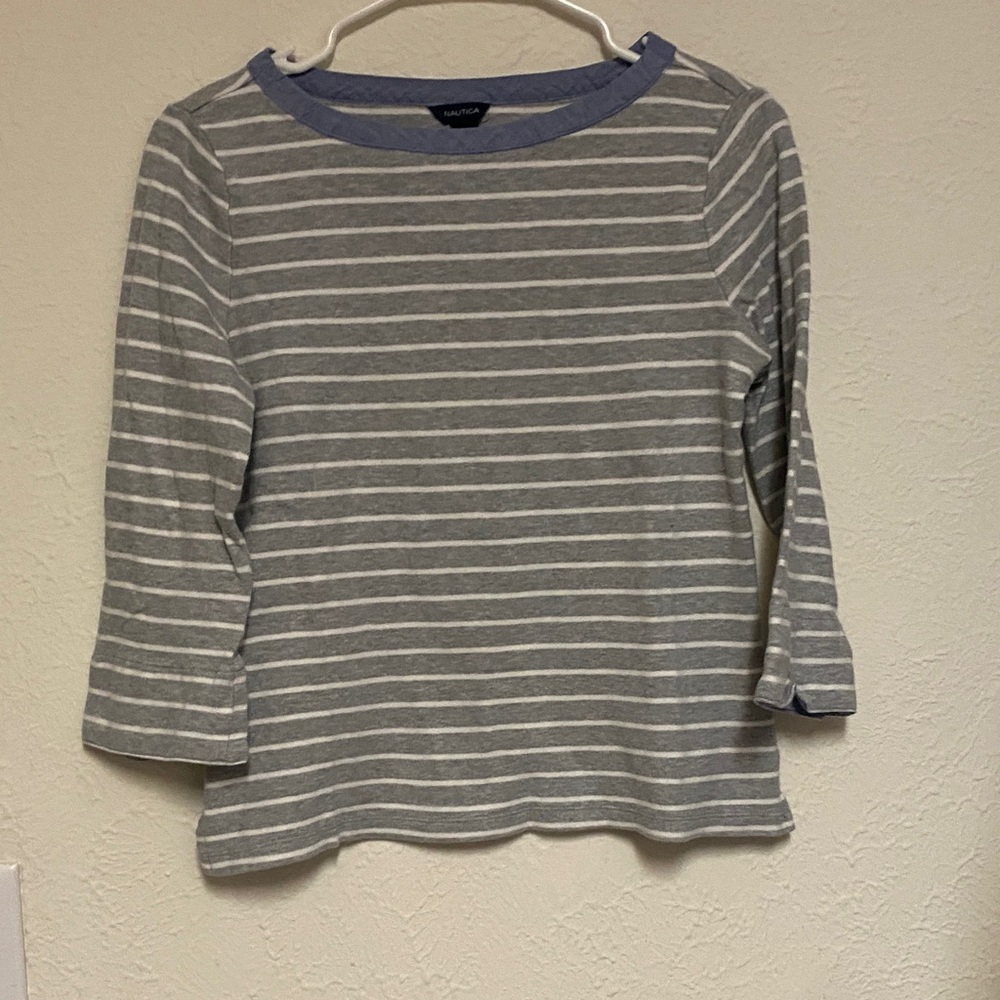 Nautica Gray & White Striped Long Sleeve Boatneck Top with Blue Trim